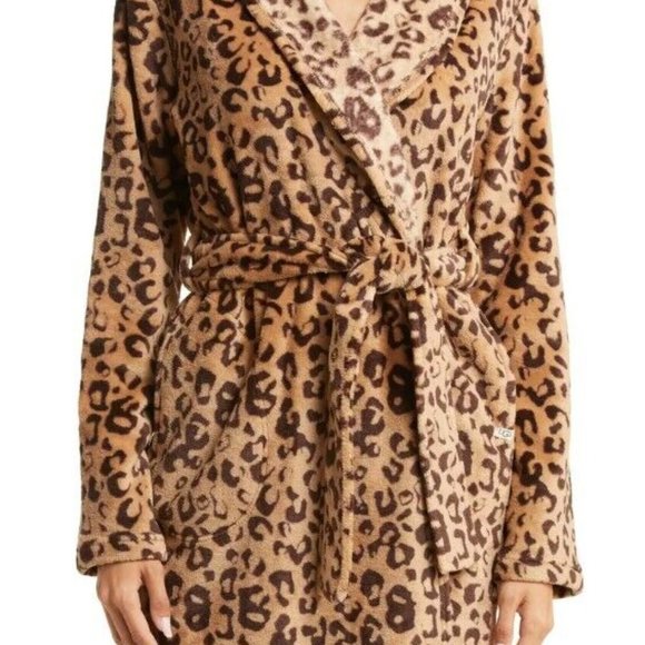 NWT UGG WOMEN'S‎ MIRANDA PLUSH HOODED BATH ROBE LEOPARD BLACK BROWN - Picture 5 of 8